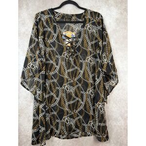 NWT MISS TINA Women Black Gold White Chain Print Sheer Lace Up Kimono Cover Up M